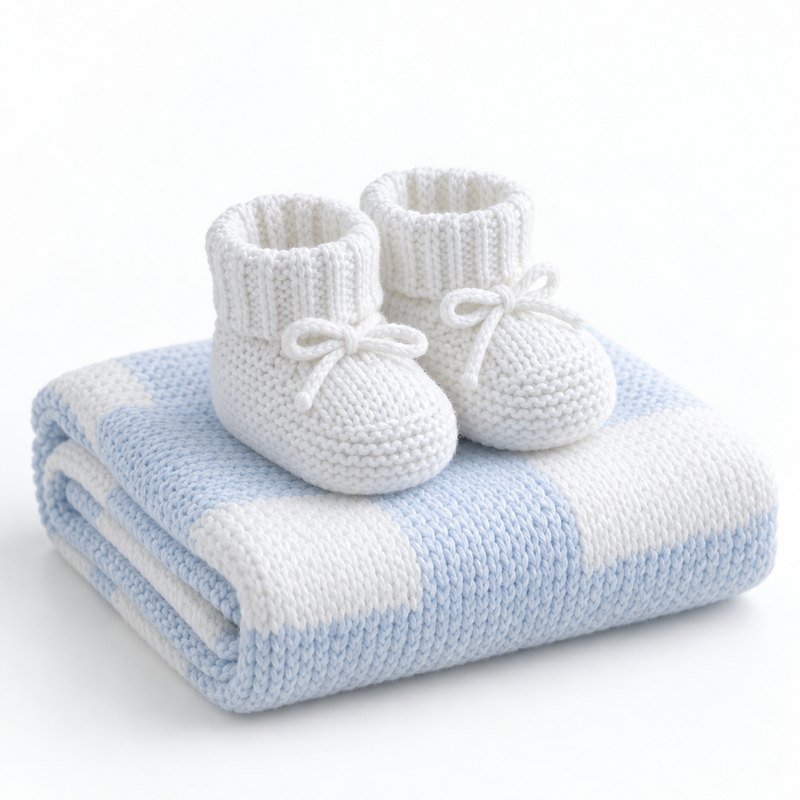 Baby booties on a soft blanket